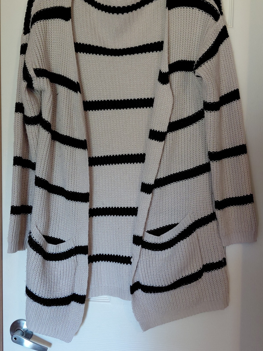 Striped Open-Front Women's Cardigan Sweater - Cream & Black